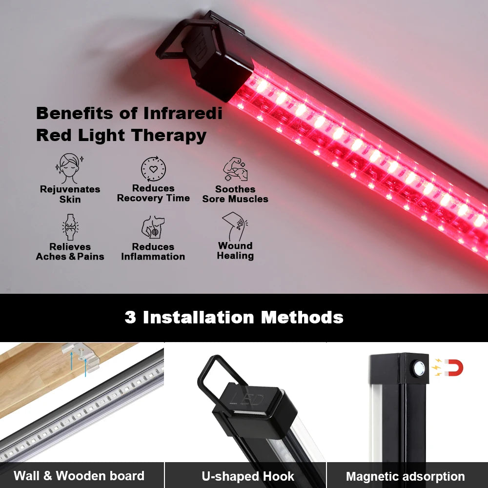 Infrared red light therapy device with benefits and installation methods displayed.