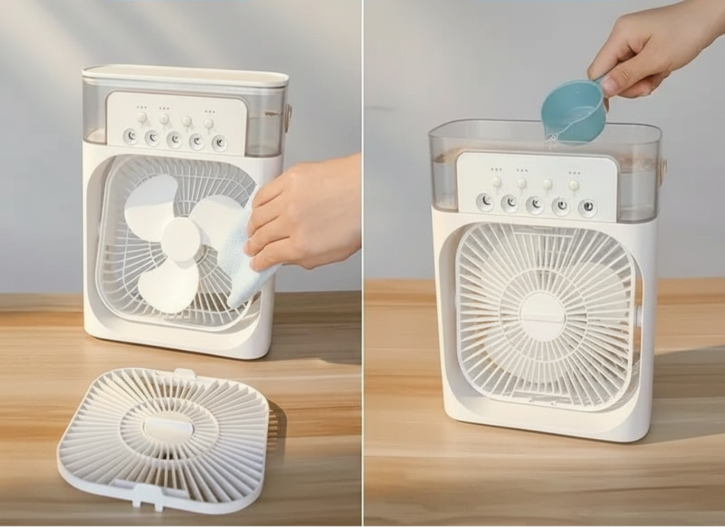 Portable fan with instructions on cleaning fan blades and water tank, emphasizing health and hygiene.