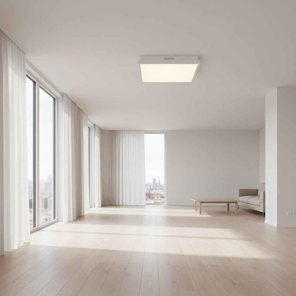 Ceiling light fixture with specifications on a neutral background