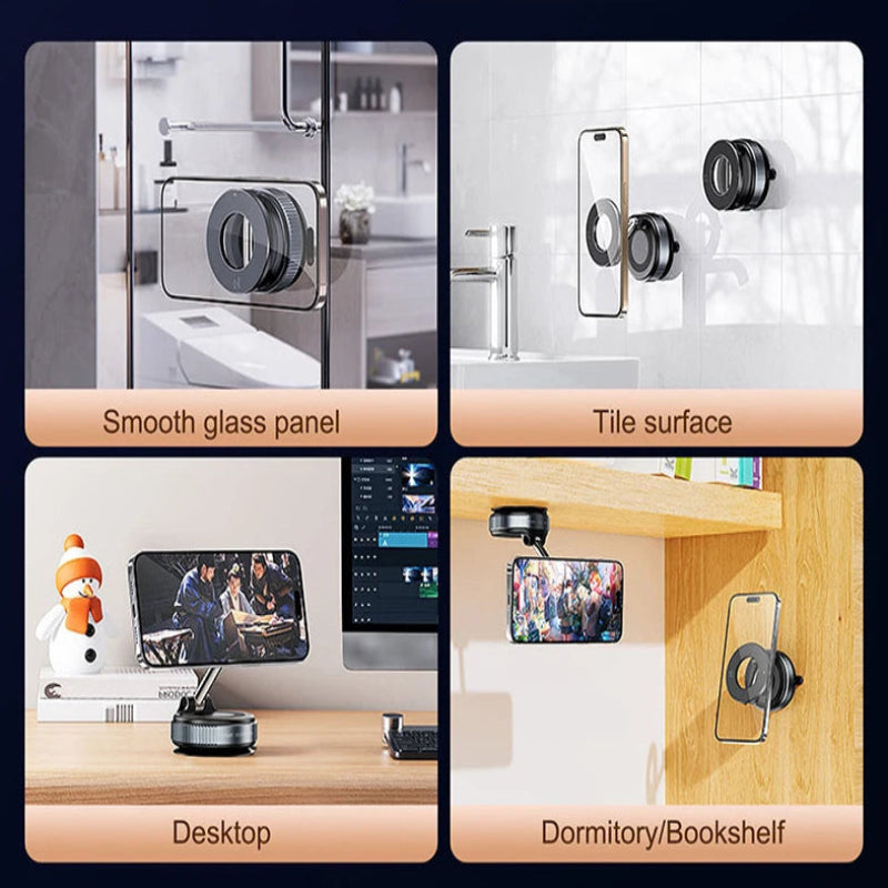 Multifunctional phone holder with applications on glass, tile, desktop, and bookshelf.