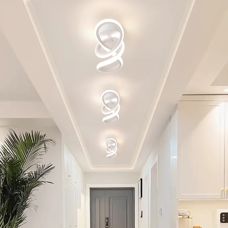 Modern ceiling lights in a hallway with a plant and door visible