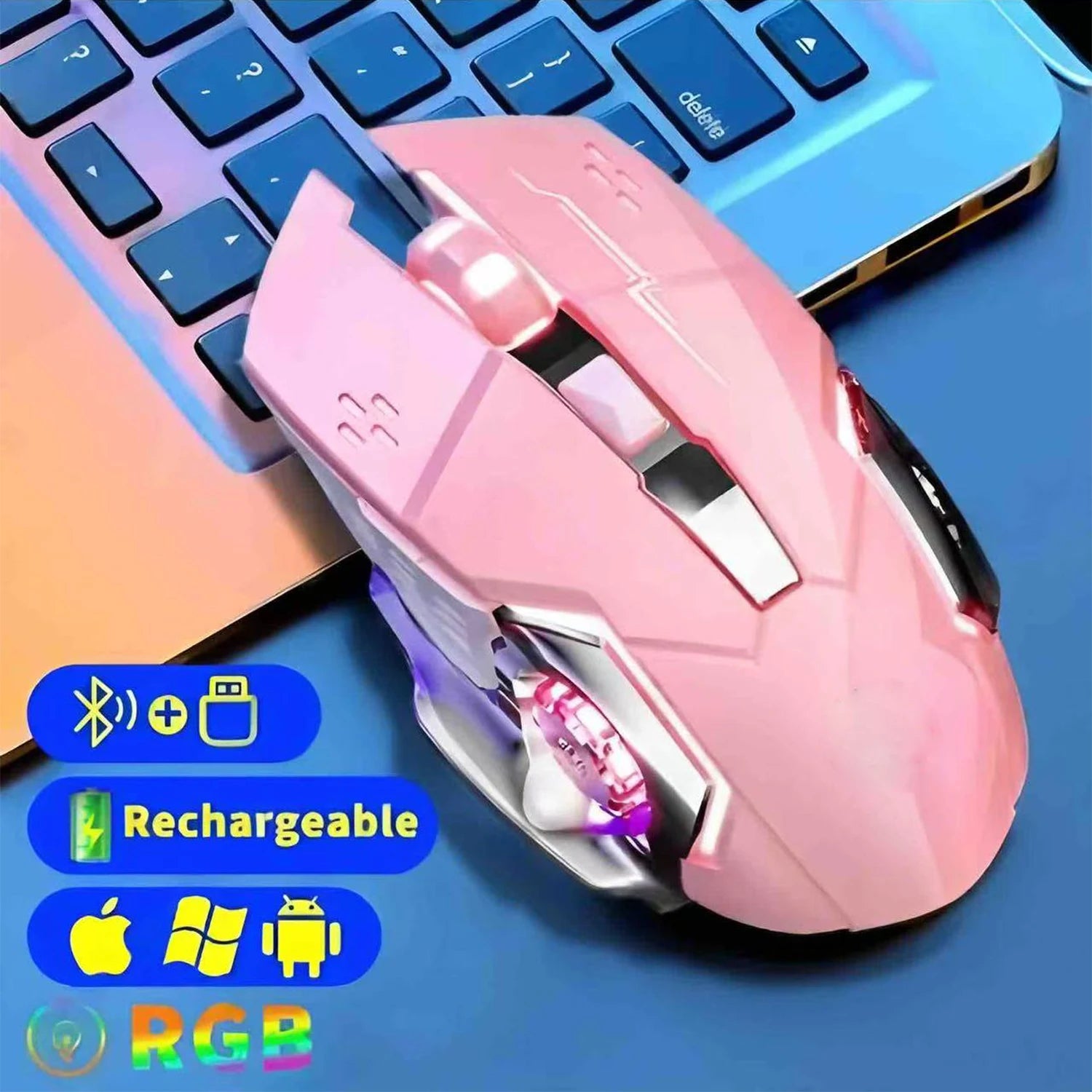 Pink gaming mouse on a keyboard with rechargeable and RGB features highlighted.