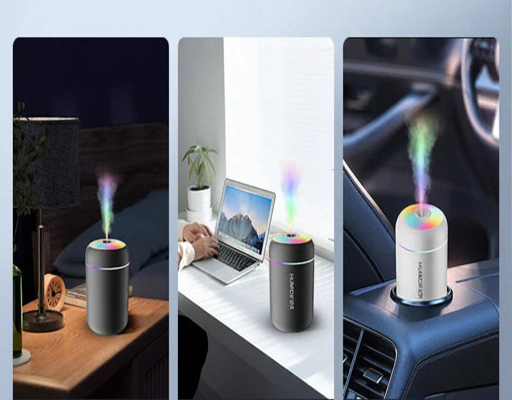 Product usage scenarios in bedroom, work, and in-vehicle settings with text 'Accompany At All Times Suitable For Multiple Scenarios'.