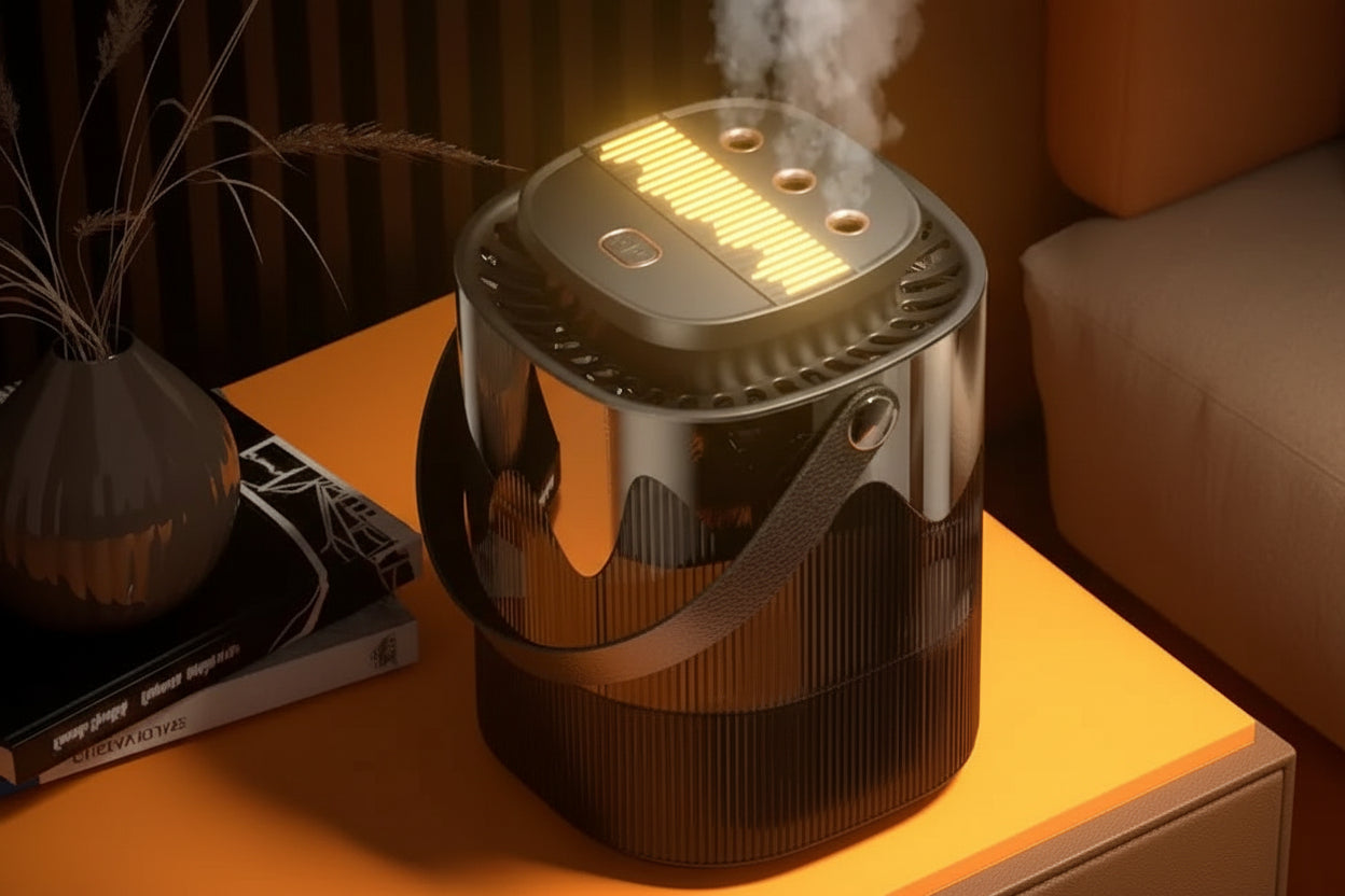 Little night light humidifier with night light illumination and sound level graph.