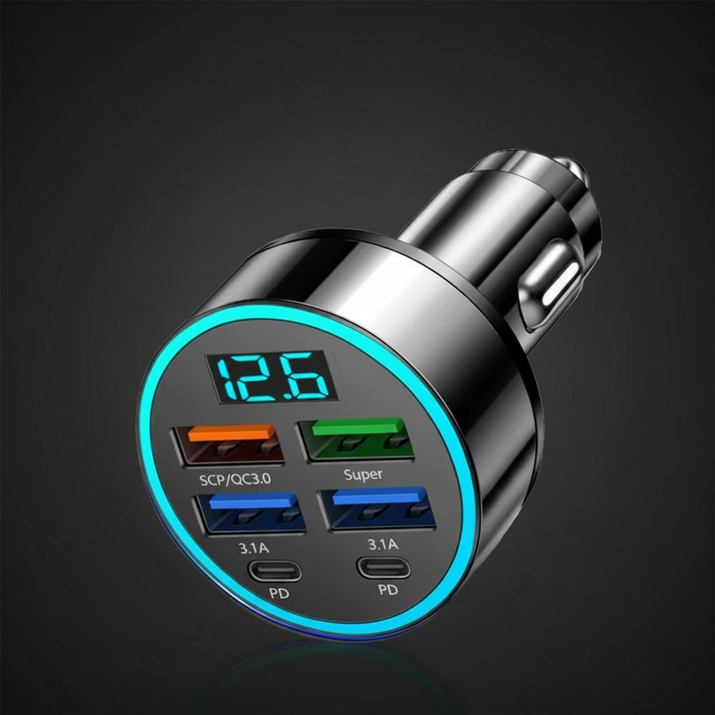 Car charger with digital display on a dark background