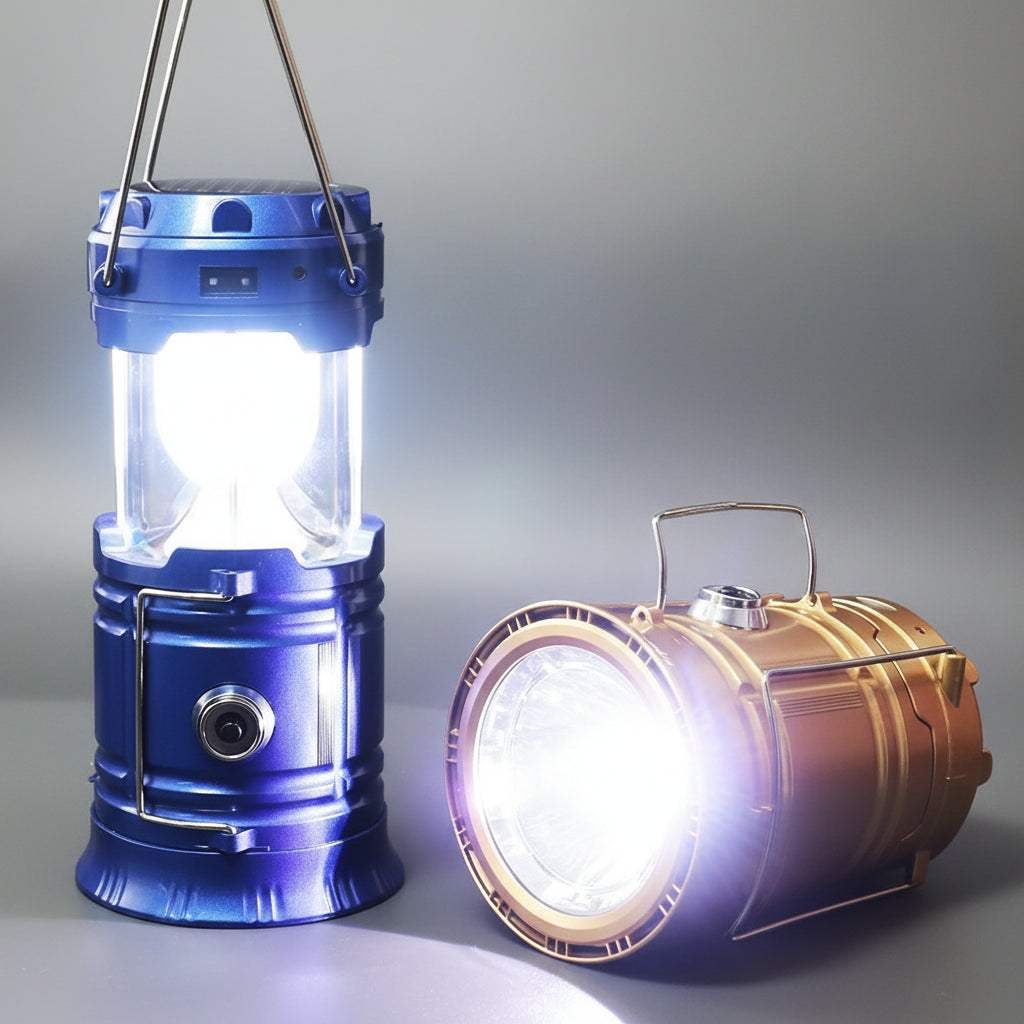 Two outdoor camping lights, one blue and one gold, with text describing their functions on a dark background.