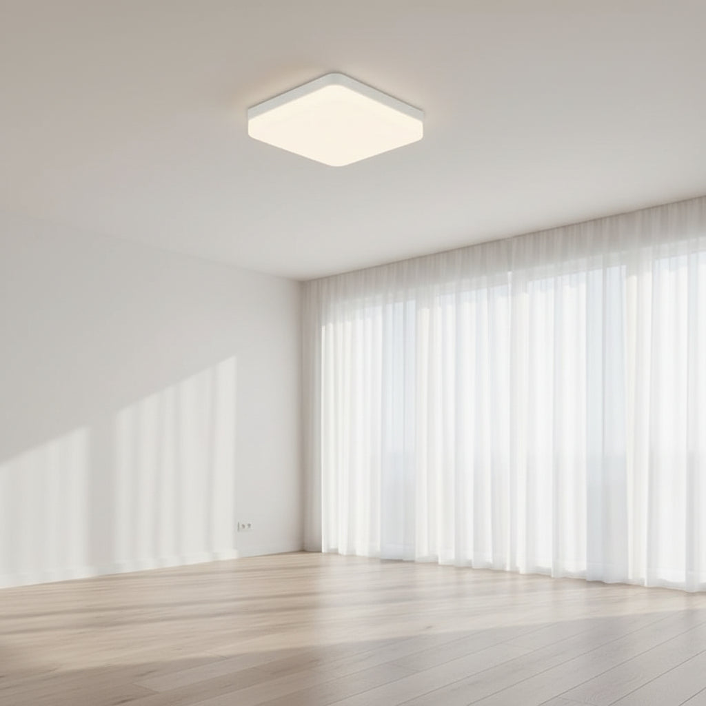Ceiling light fixture with measurements and color temperature options in a room setting.