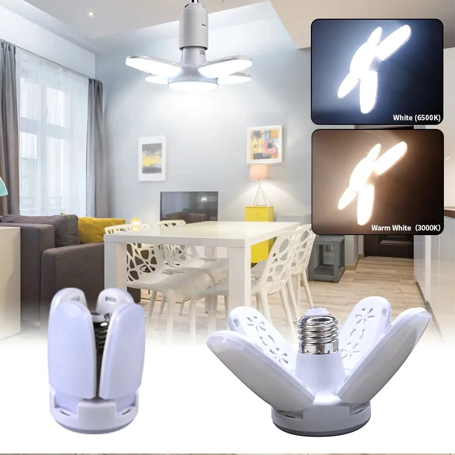 Light bulb-shaped devices with color temperature options displayed in a living room setting.