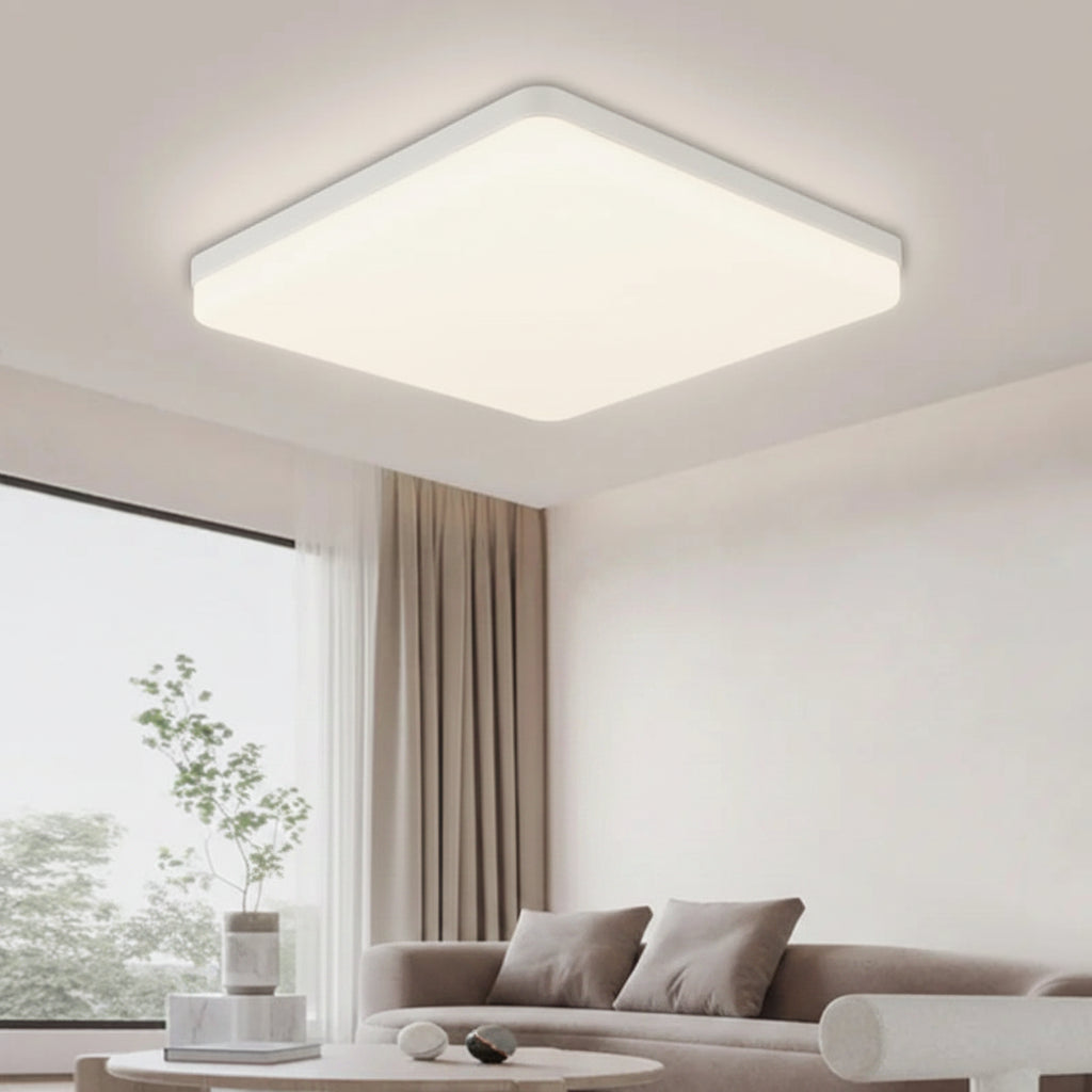 Ceiling light fixture with dimensions and color temperature options in a room setting.