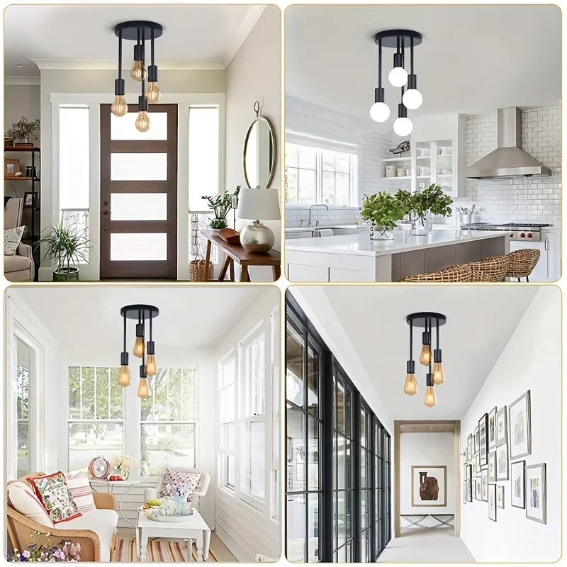 Collage of a modern pendant light fixture in various indoor settings.