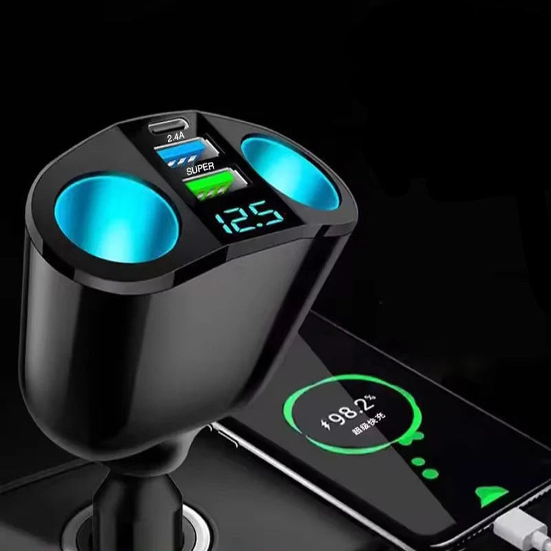 Car charger with cup holders and digital display on a black background
