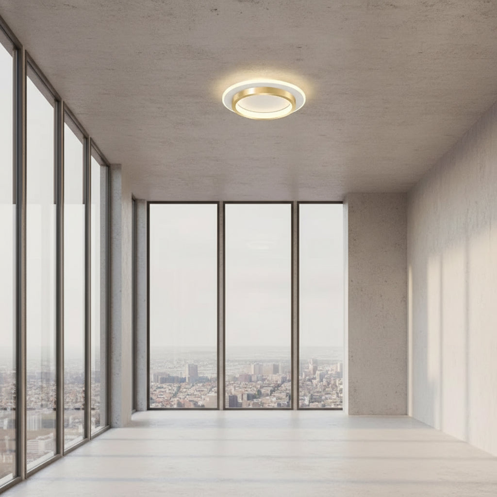 Ceiling lamp with gold frame and white center, dimensions shown, on a gray background