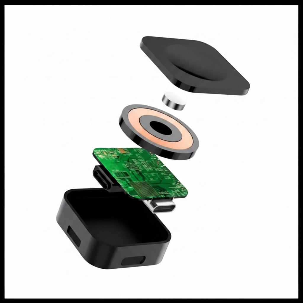 Disassembled electronic device showing internal components on a white background
