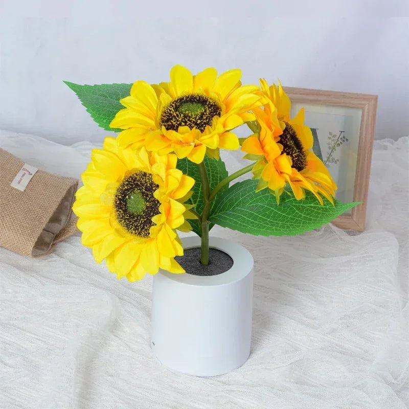 Sunflower LED night light silk cloth petals – decorative bedside lamp warm white glow