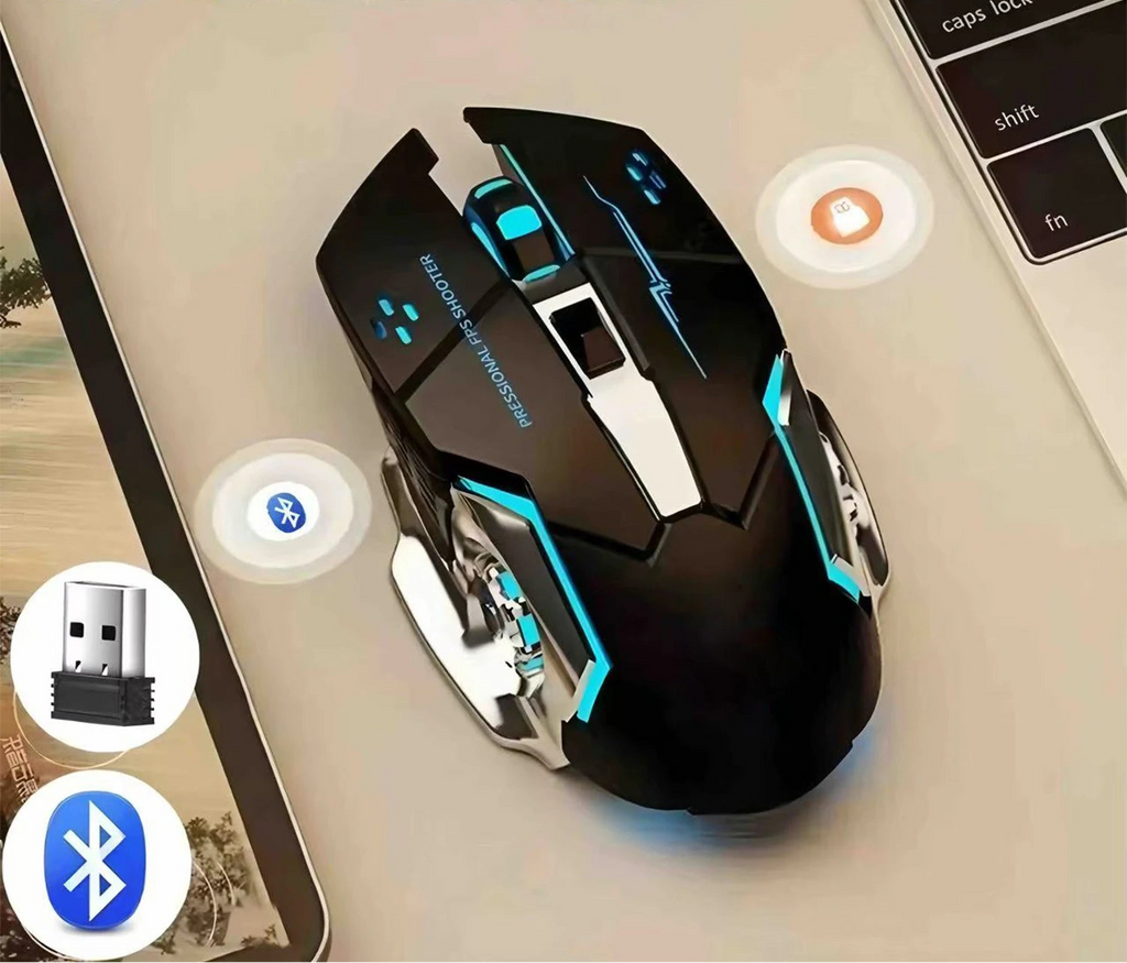 Gaming mouse with Bluetooth and USB receiver connection on a laptop keyboard background