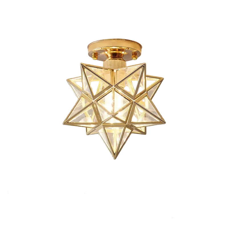 Gold geometric ceiling light fixture with dimensions and material details on a gray background