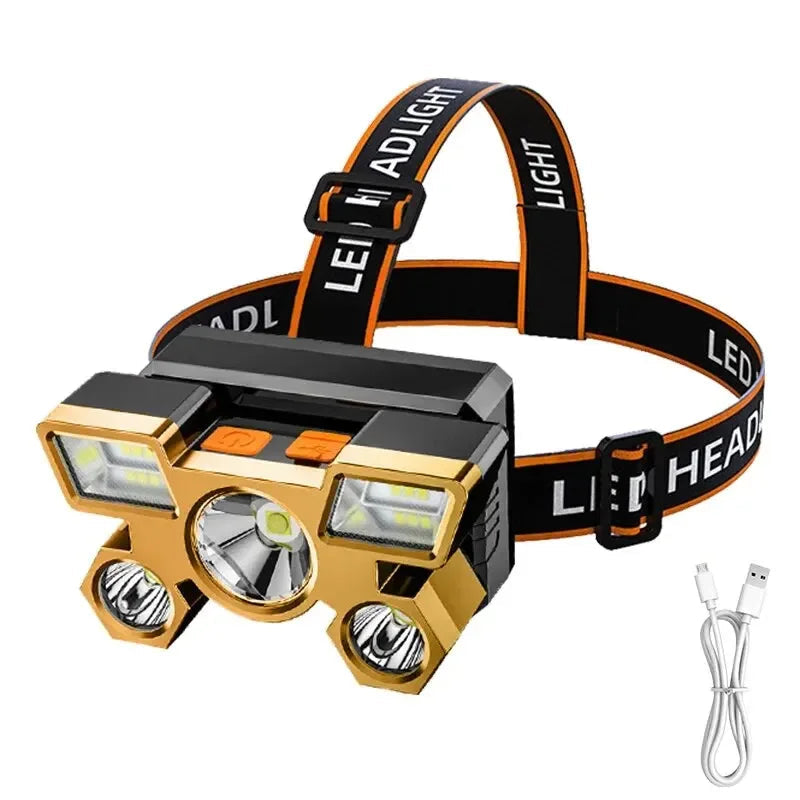 Gold and black LED headlight with USB cable on a white background
