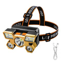 Gold and black LED headlight with USB cable on a white background