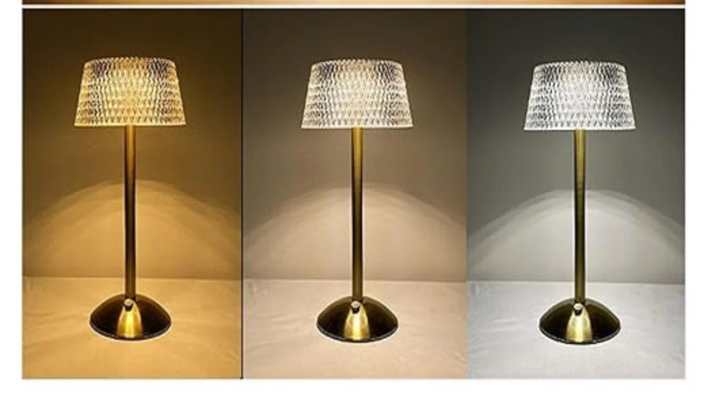 Table lamp with adjustable color temperature on a wooden surface, showing three different light settings.