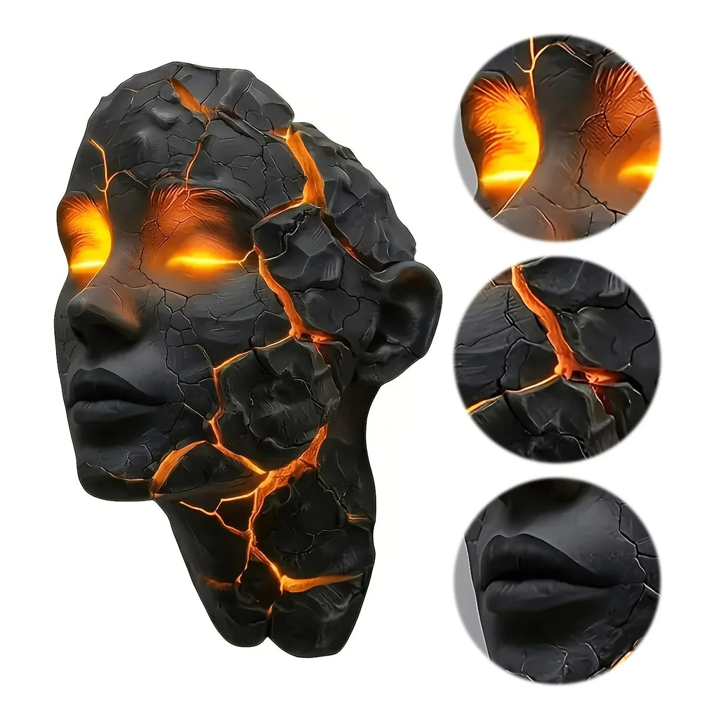 Decorative wall art with a cracked surface and glowing orange interior on a white background.