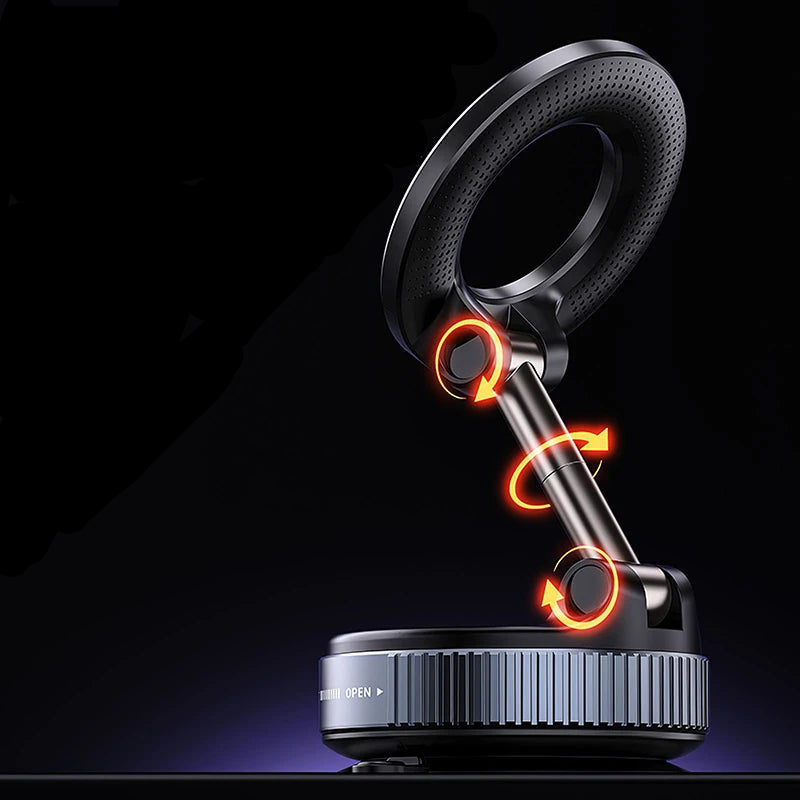 Three-axis adjustable, foldable/extendable device on a dark background with text highlighting features.