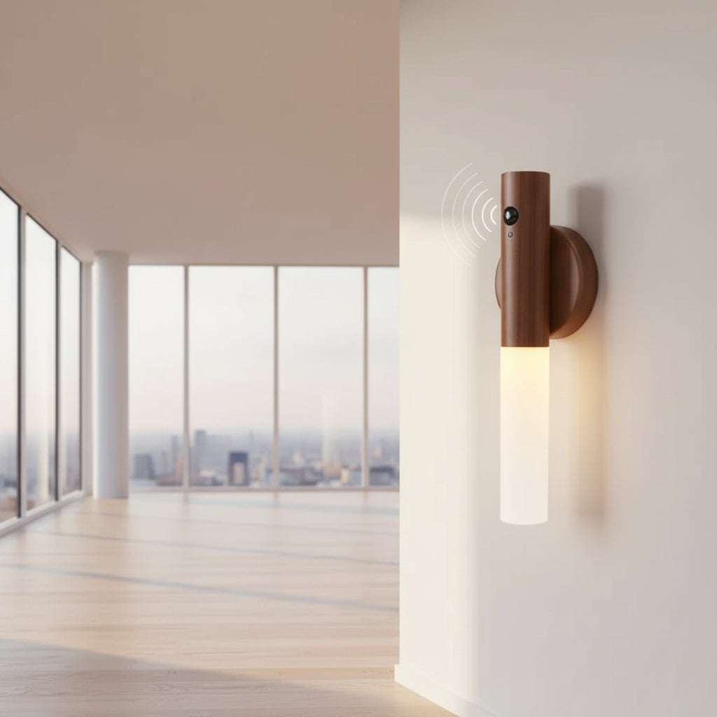 Wall-mounted sensor light with text about sensing distance and range.