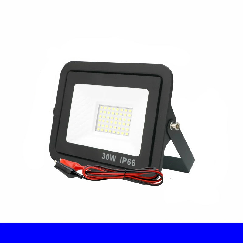 Black LED flood light with dimensions and specifications on a white background