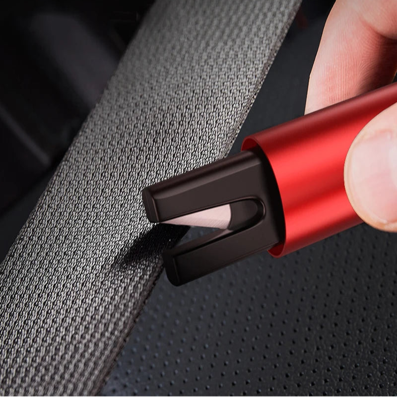 Red seat belt cutter being used on a car seat with text about quick cut and safe blade design.