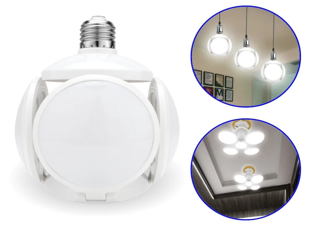 White LED light bulb with E27 base, shown with installation images on a white background.
