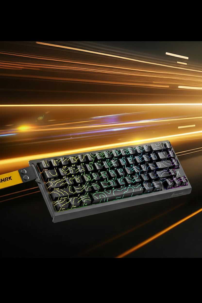 Mechanical keyboard with text highlighting ultra-low latency and sampling rate on a dynamic background