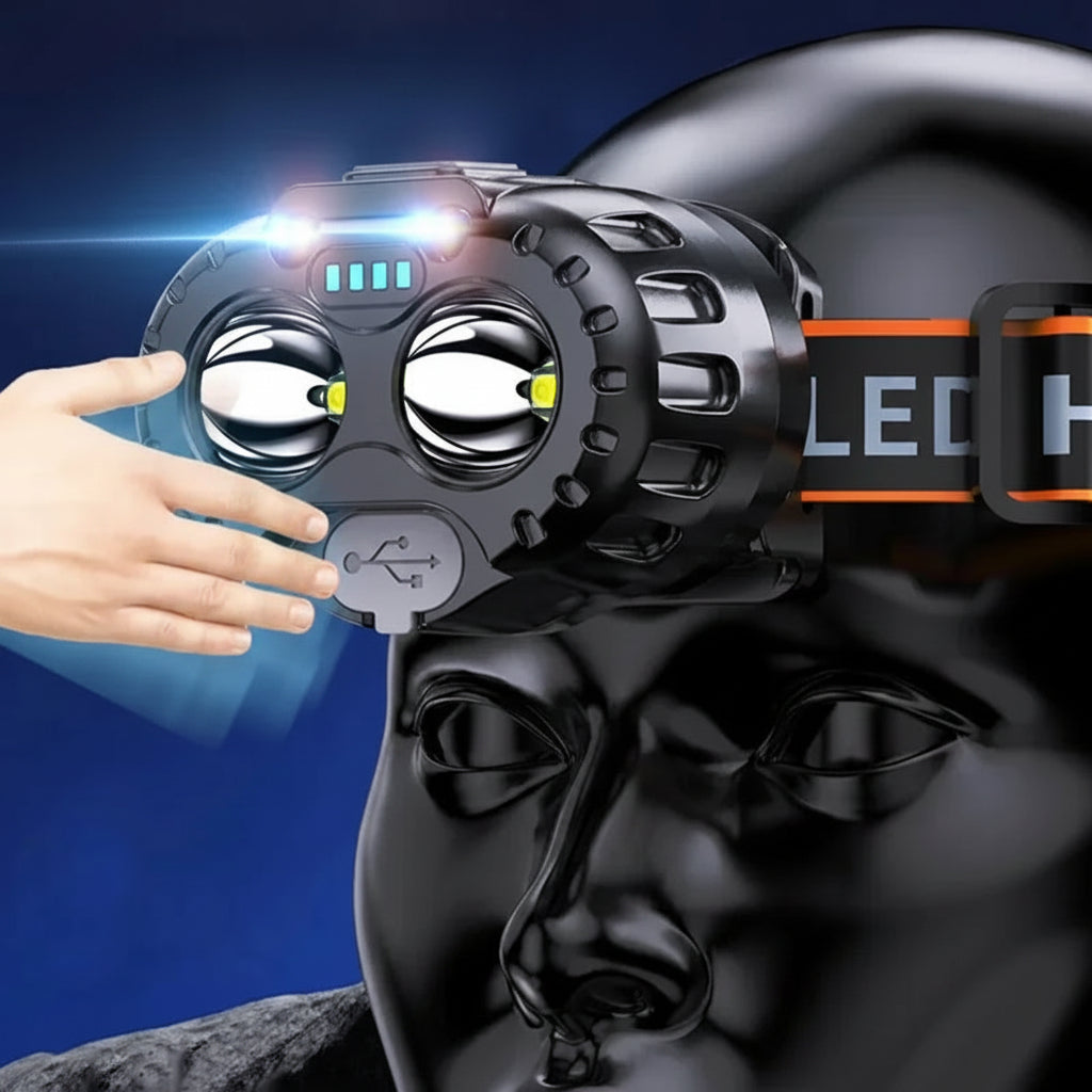 Headlamp with intelligent wave sensing technology on a dark background