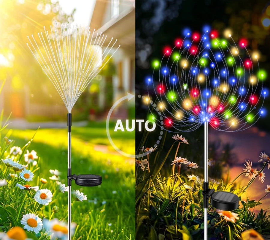 Solar-powered garden light with auto charging and working time indicators in a garden setting.