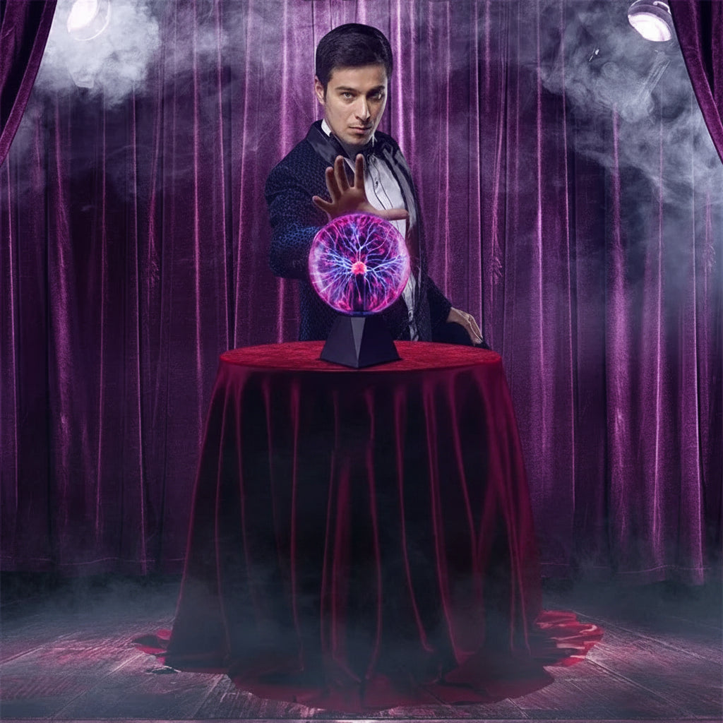 Magician performing a trick with a glowing orb on a table draped with a red cloth, against a dark curtain background.