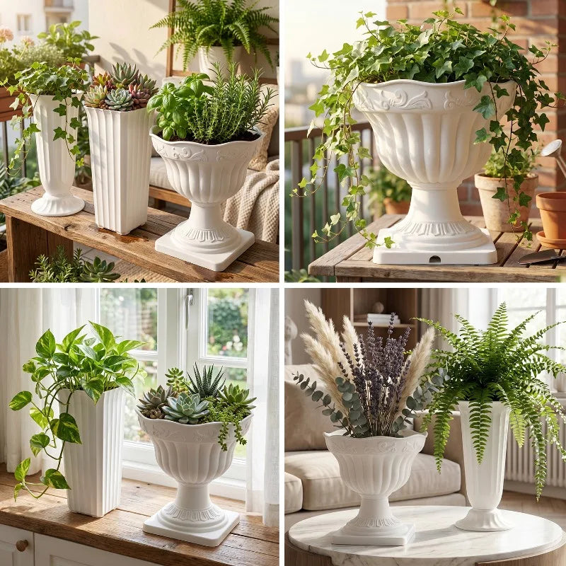A four-panel collage showing white decorative pedestal planters styled with various green houseplants and succulents in indoor and outdoor settings.