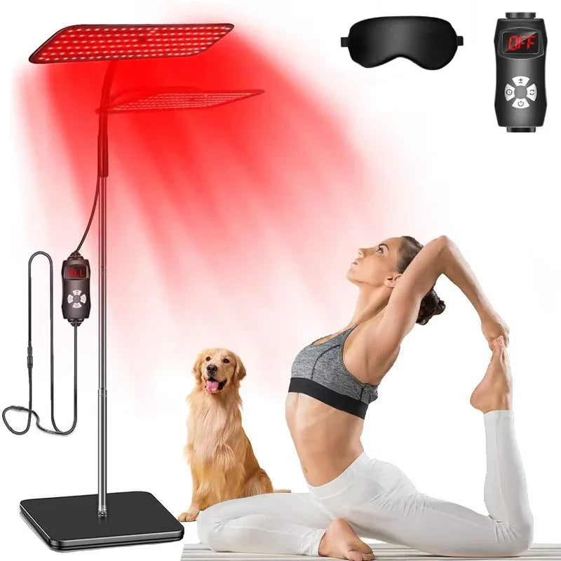 Red light therapy lamp with a woman doing yoga, a dog, and a gift set including a mask and timer.