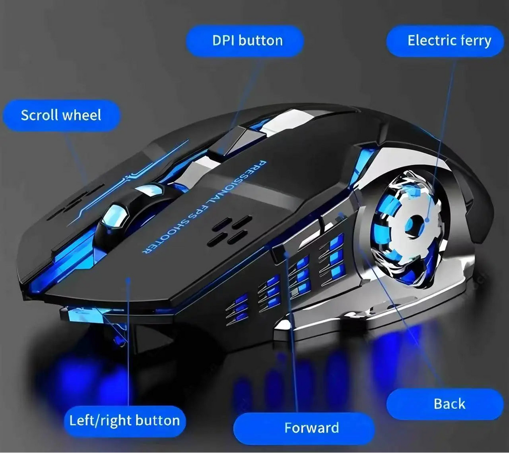 Gaming mouse with labeled buttons on a dark background