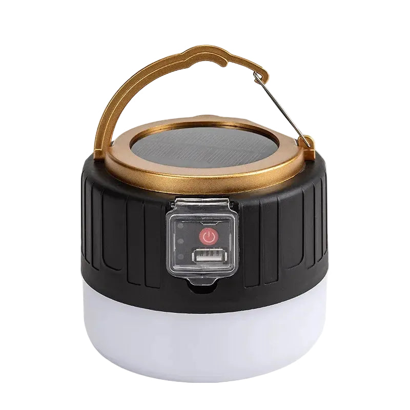 Black and gold camping lantern with solar panel on a white background, featuring the E-Smarter brand.