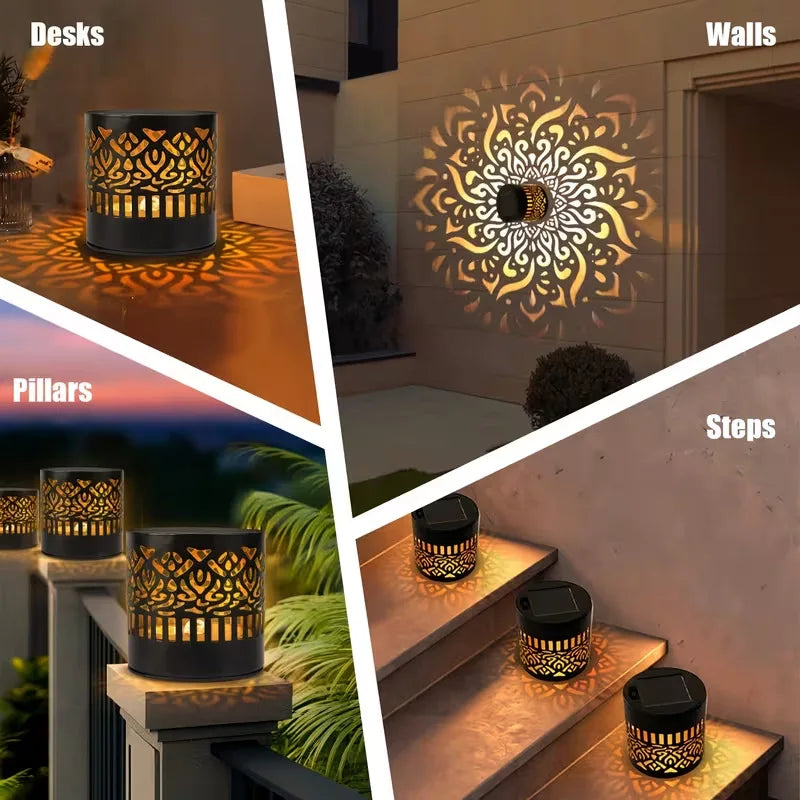 Decorative outdoor lights shown on desks, walls, pillars, and steps.