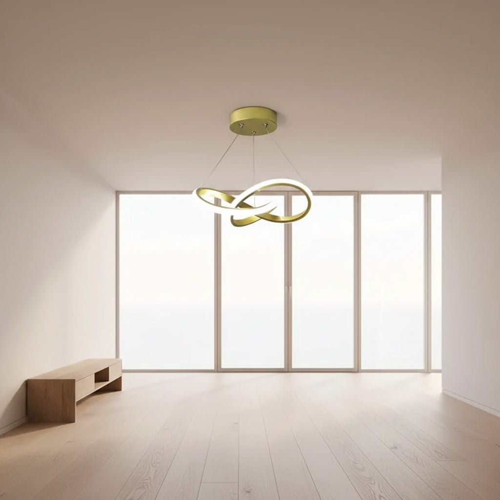 Gold pendant light with adjustable dimensions on a gray background