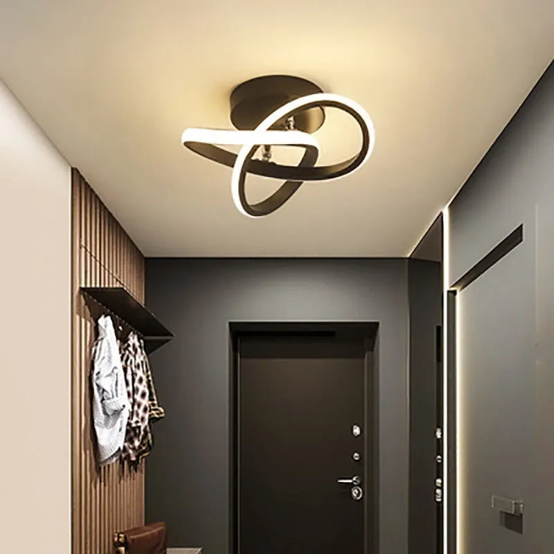 Modern ceiling light fixture in a hallway with a door and coat rack.