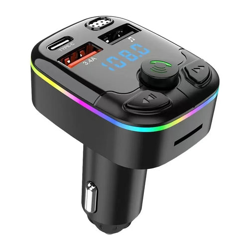 Black car charger with digital display and colorful LED lights on a white background