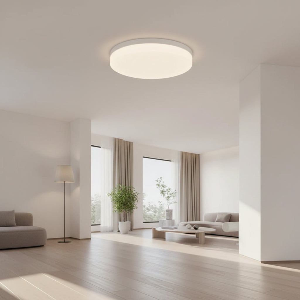 Ceiling light fixture with specifications on a neutral background