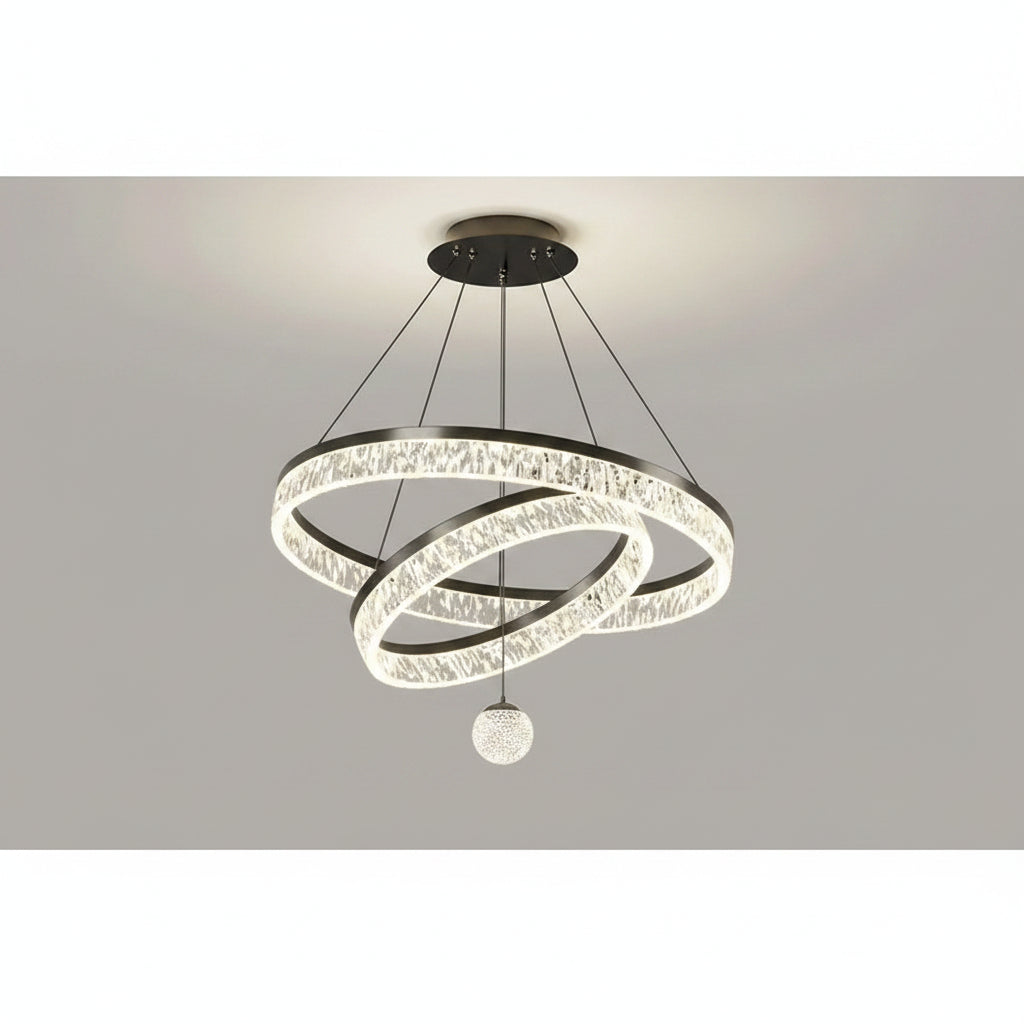 Chandelier with dimensions and power rating on a gray background