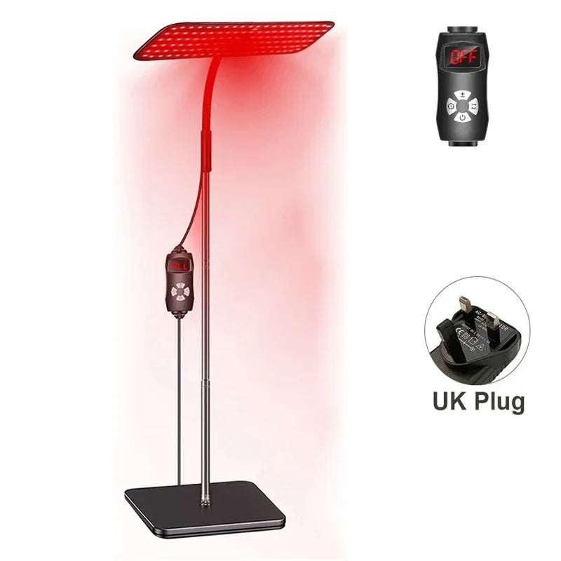 Red light therapy lamp with UK plug on a white background