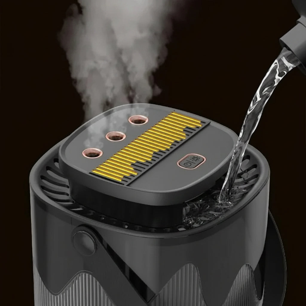 Black humidifier with steam emerging, featuring text about water addition method.