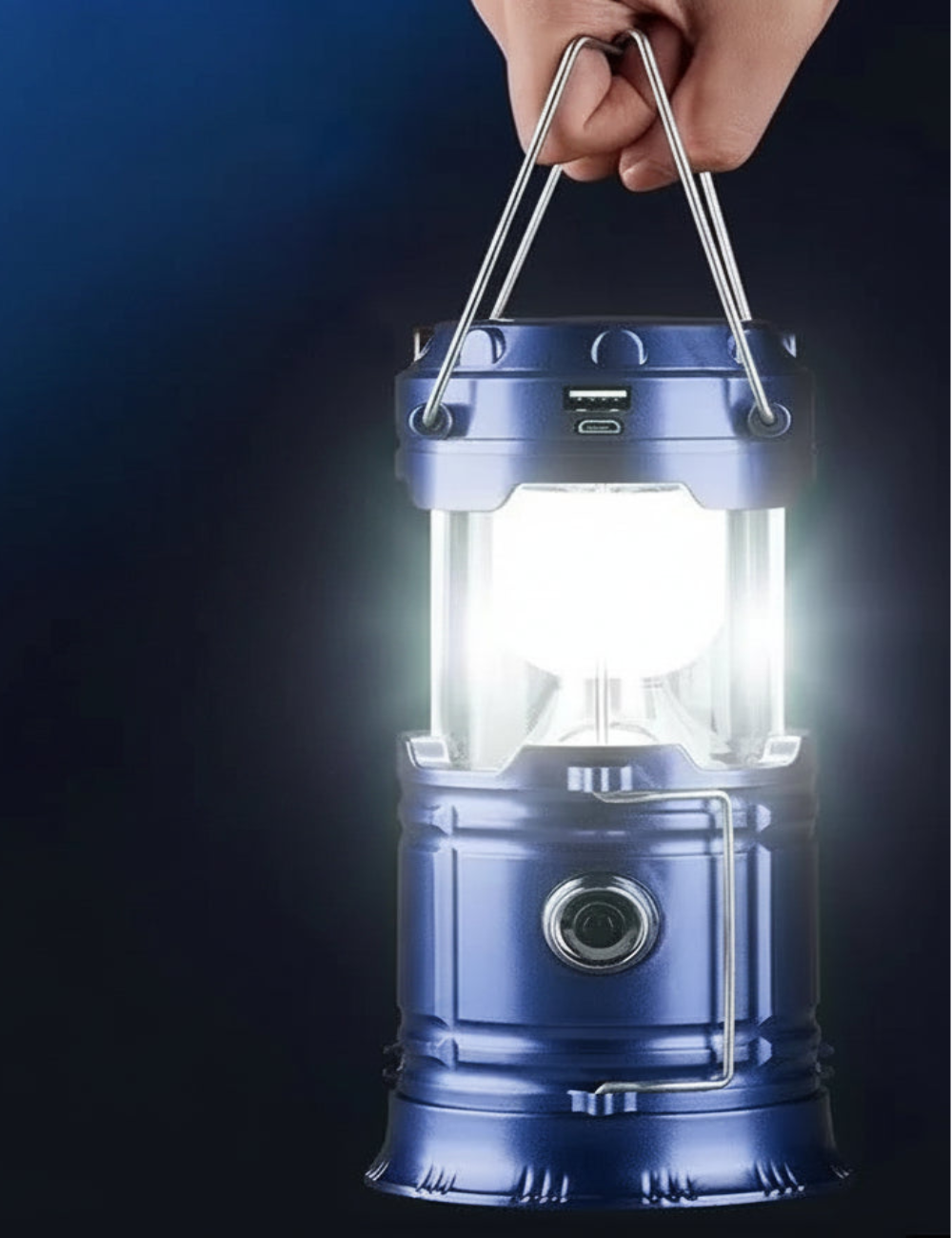 Blue camping lantern with multiple modes on a dark background