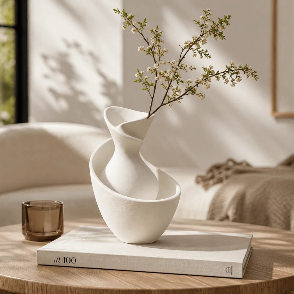A white sculptural ceramic vase with a twisted neck and wide base, holding a delicate flowering branch, styled on a light wood table in a softly lit interior setting.