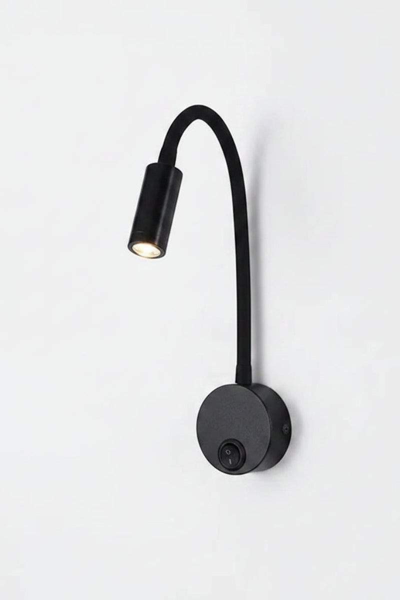 Black wall-mounted reading light with flexible arm on a white background
