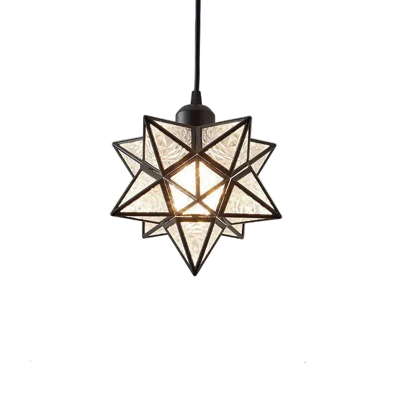 Geometric pendant light with dimensions and specifications on a gray background
