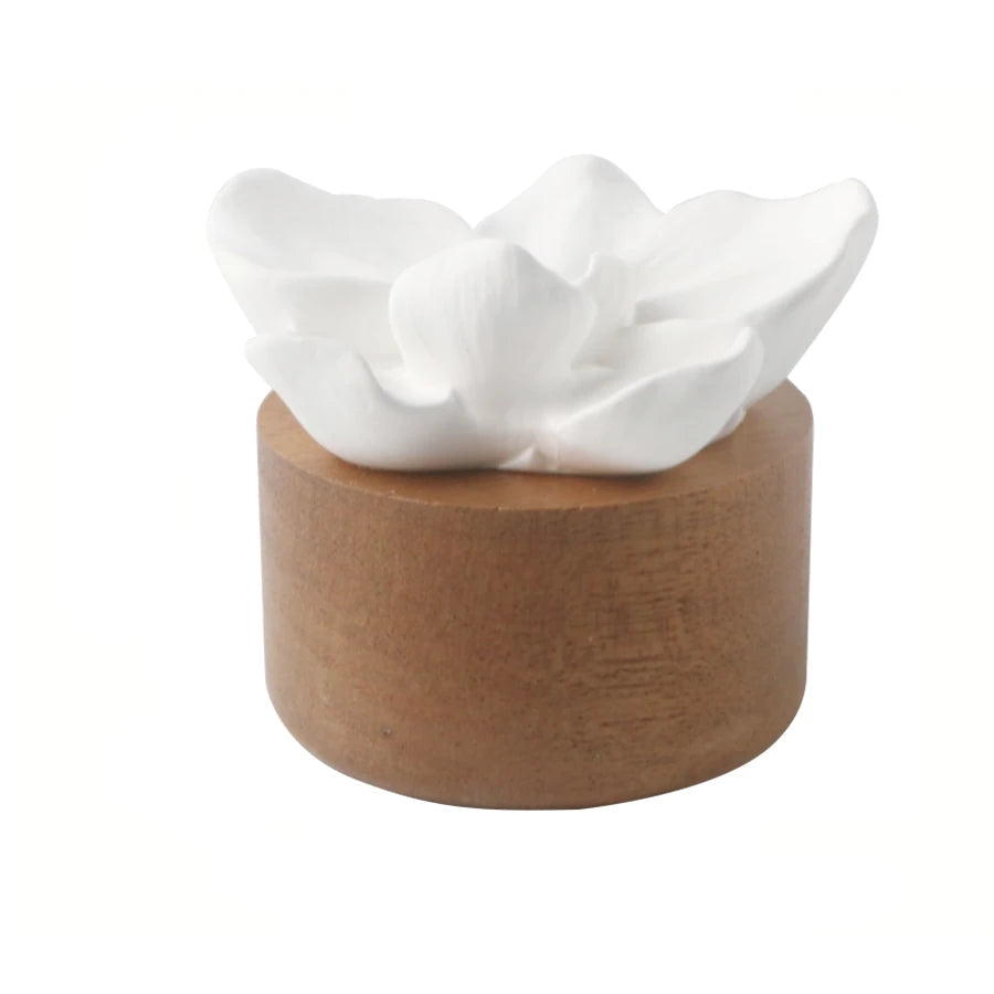 Small wooden container with white floral design, showing dimensions on a white background
